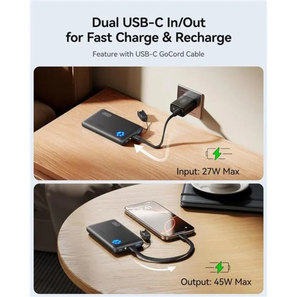 Portable Charger Ultra Slim 45W Fast Charging with Attached USB C Cable